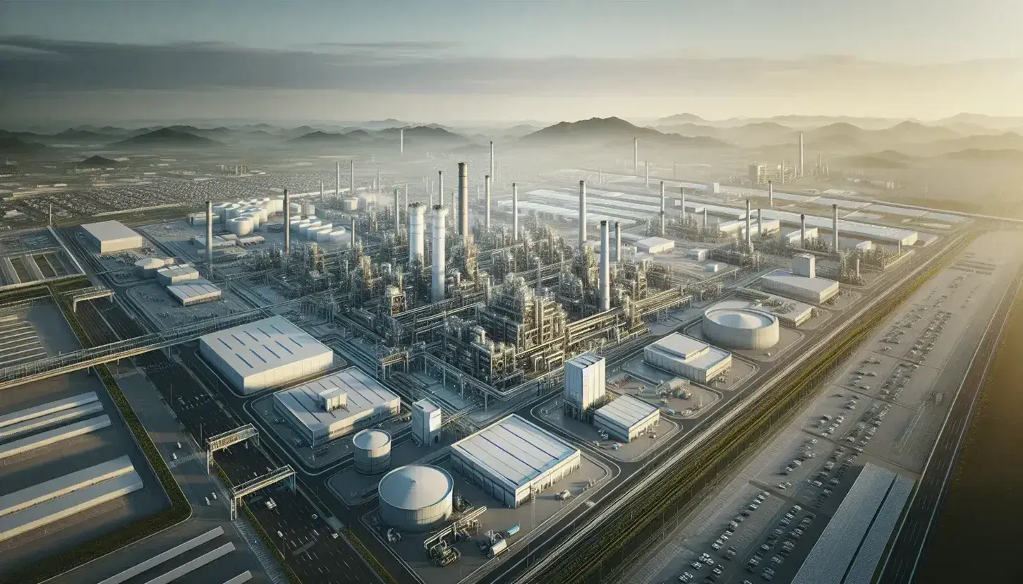 Vista aérea de complejo industrial con edificios de techos planos e inclinados, chimeneas sin humo, carreteras, vehículos, áreas verdes y montañas al fondo bajo cielo despejado.