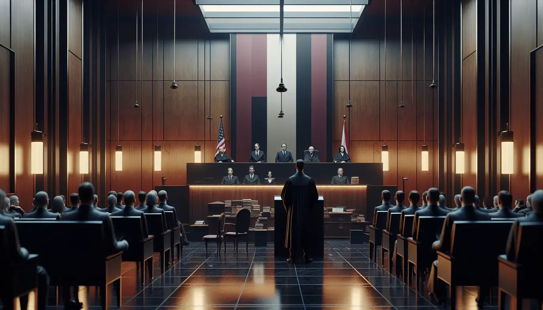 Escena de sala de juicio con juez en toga negra tras un podio de madera oscura, abogado a la derecha con documentos y grupo de personas sentadas a la izquierda, bajo una bandera a rayas.