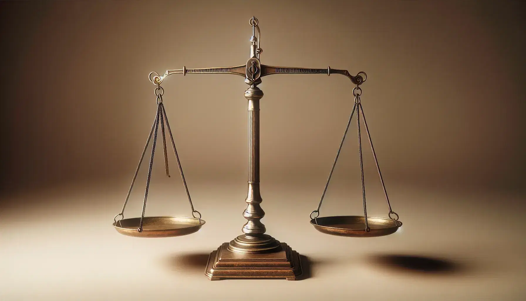 Bilancia antica in equilibrio con piatti in metallo lucido su sfondo neutro, dettagli incisi e base in legno stabile.