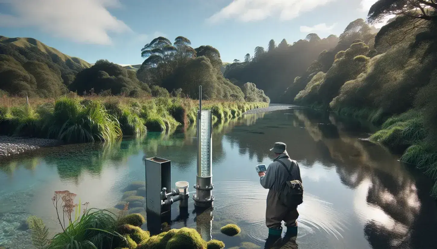 Río fluyente con hidrómetro parcialmente sumergido y persona tomando medidas, rodeado de vegetación verde y reflejo del cielo azul en el agua.