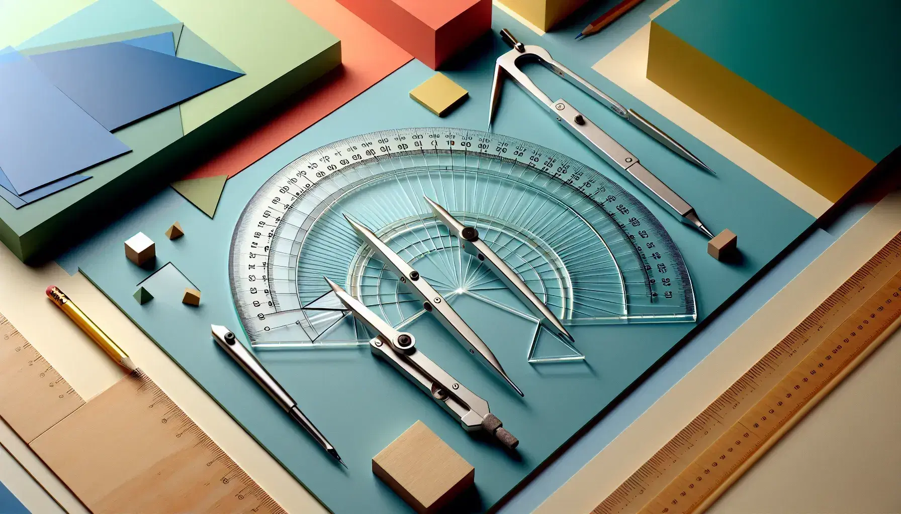 Geometric tools including a protractor, compass, set square, and ruler on a solid background with colorful paper shapes in soft lighting.