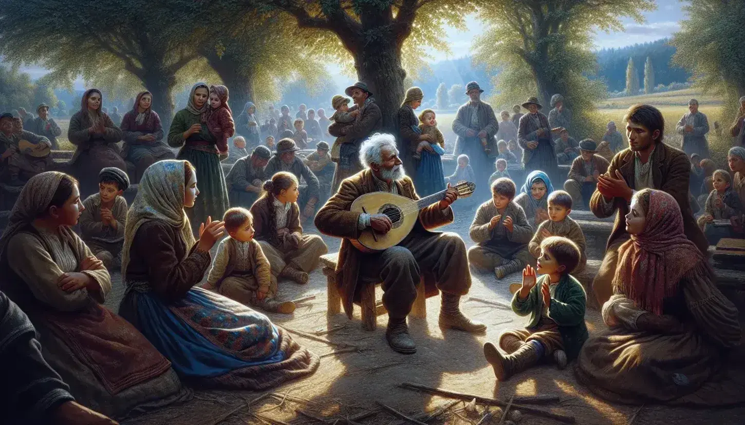 Reunión al aire libre con hombre mayor tocando un instrumento de cuerda y público de diversas edades escuchando atentamente en un entorno rural.