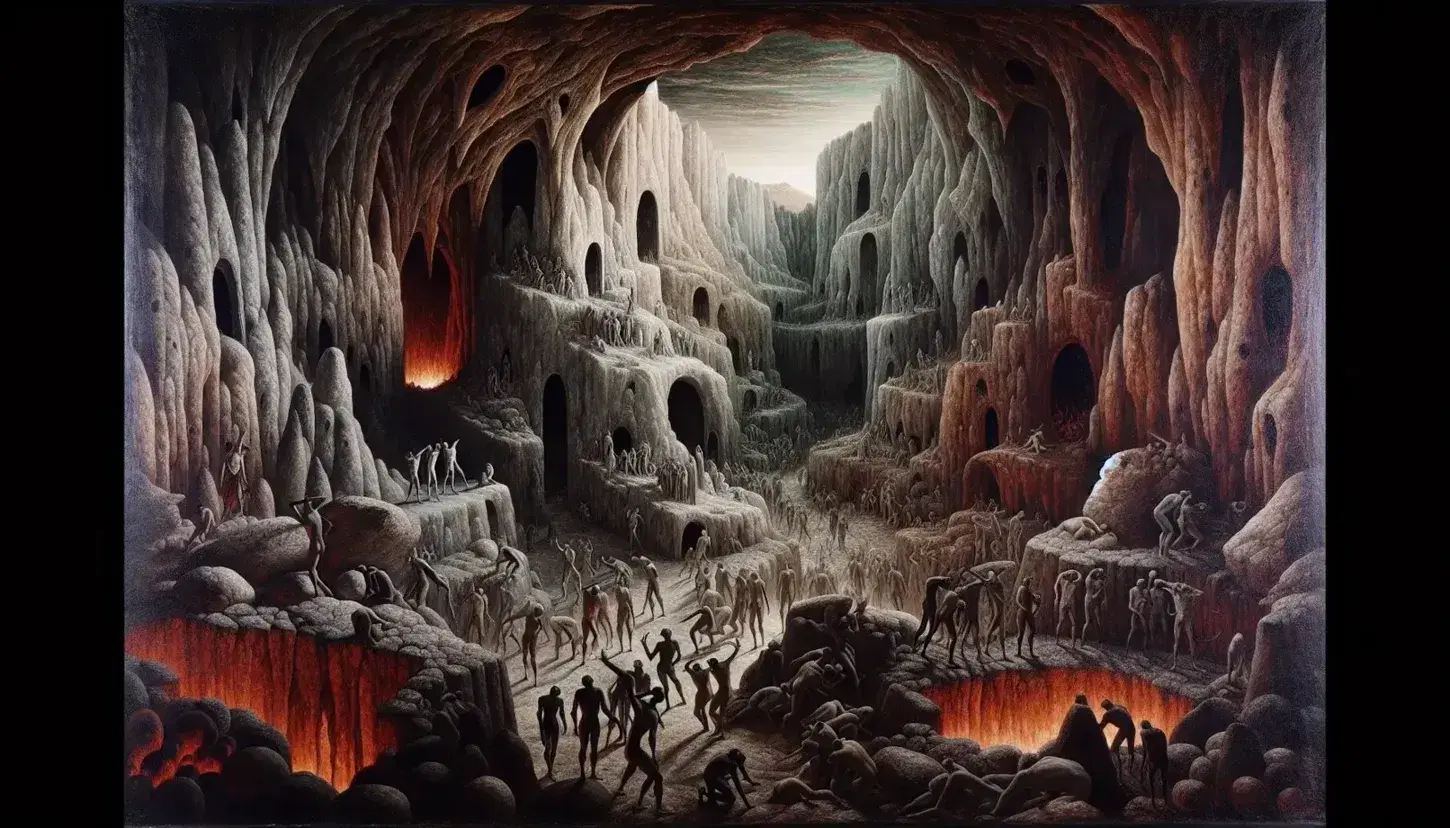 Rappresentazione artistica del paesaggio infernale di Dante con figure umane in pose di disperazione in una caverna oscura illuminata da luci arancioni sotterranee.