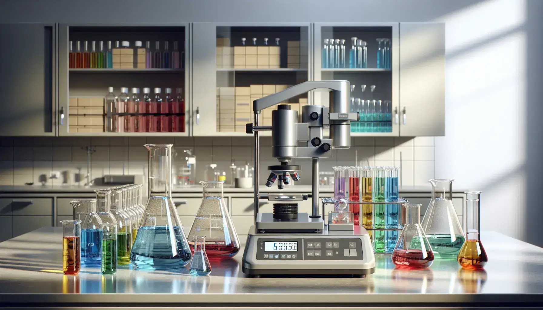 Laboratorio scientifico moderno con provette contenenti liquidi colorati, bilancia analitica digitale e microscopio, senza persone.
