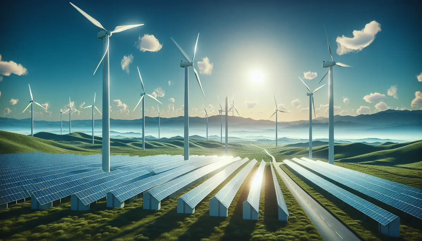 Paisaje de energías renovables con aerogeneradores y paneles solares en campo verde bajo cielo azul con montañas al fondo.
