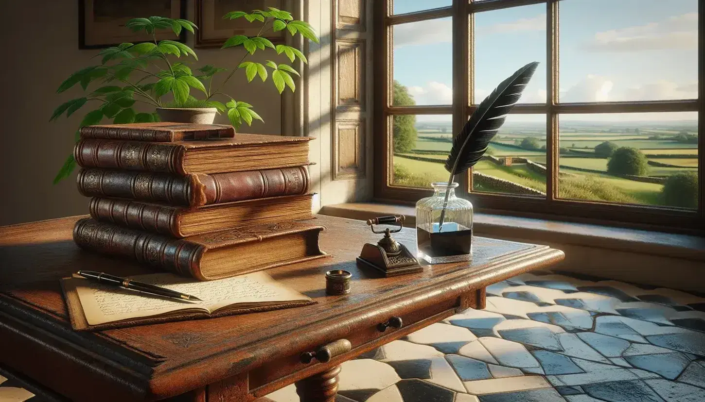 Scrivania scolastica in legno antico con libri in pelle marrone, penna d'oca e calamaio su pavimento piastrellato, finestra aperta su paesaggio campestre.