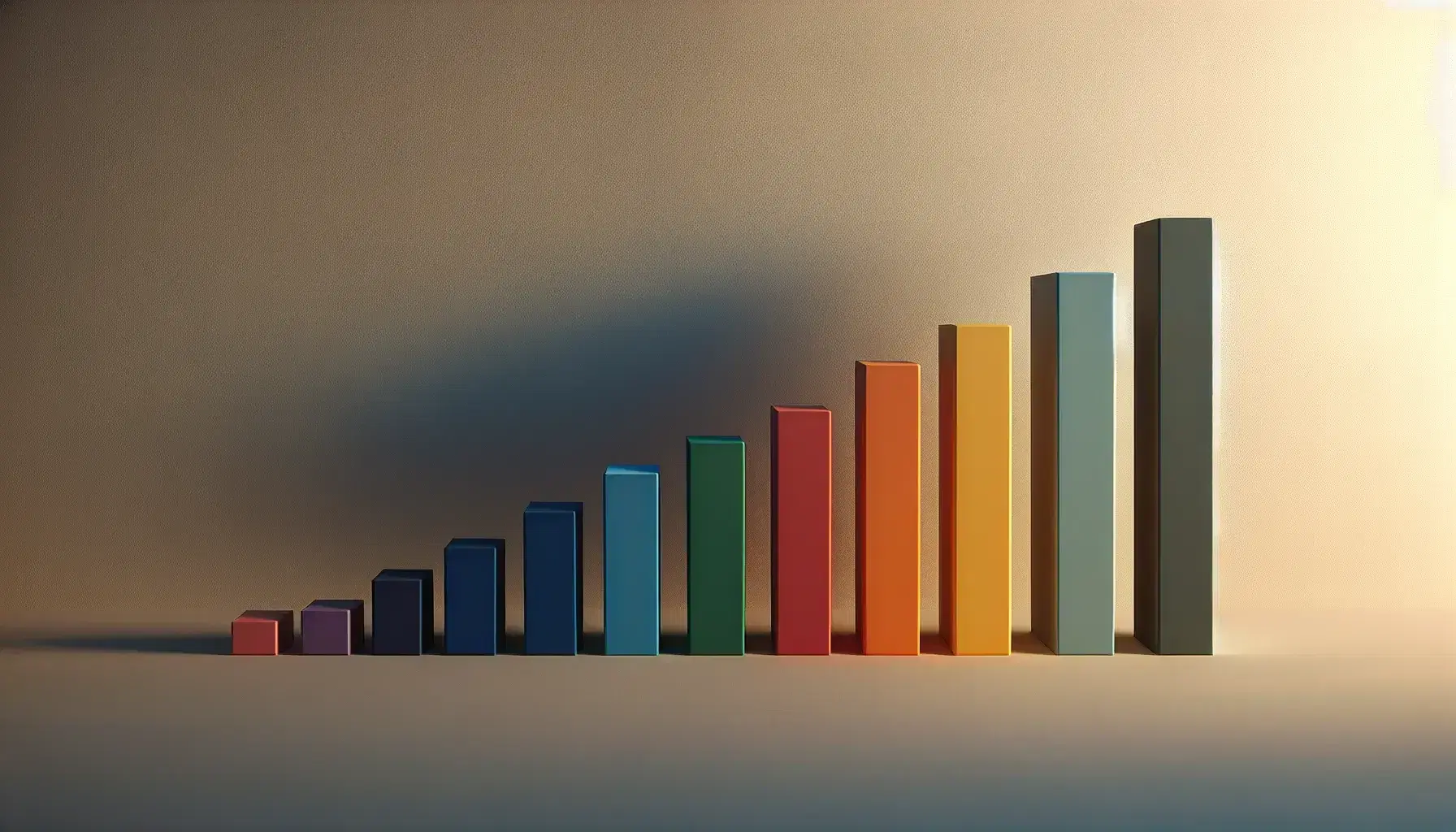 Colorful rectangular blocks in a decreasing row, from dark blue to light pink, on a neutral background with light shadows.