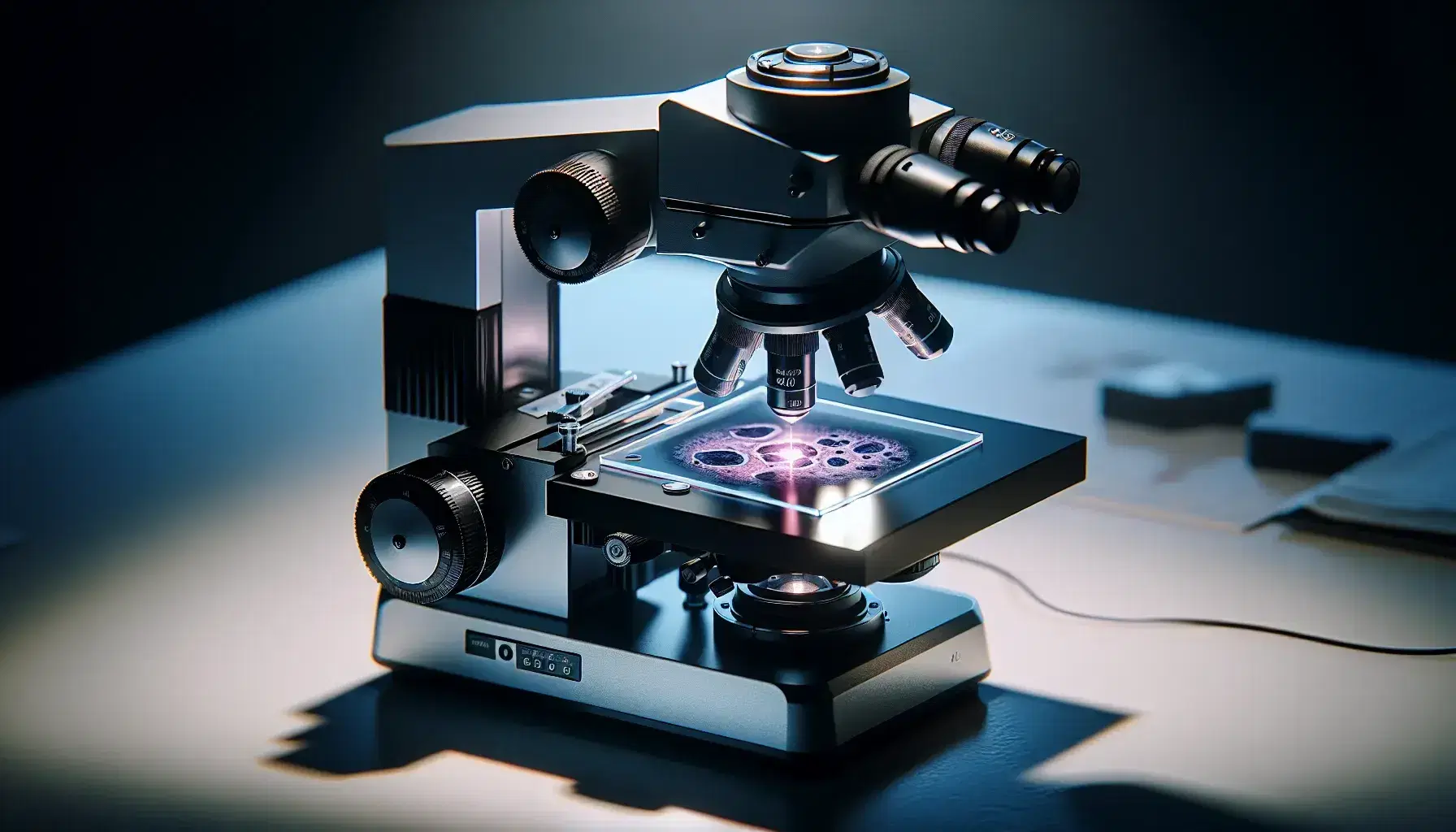 Microscopio ottico moderno con dettagli in grigio e nero, regolazioni a fuoco visibili, vetrino con preparato biologico colorato su tavolo bianco.