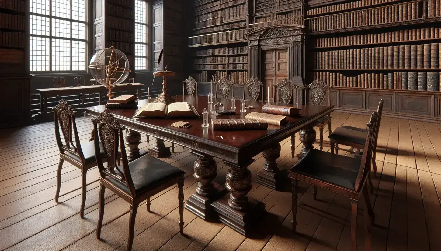 Aula universitaria del XVIII secolo con tavolo in legno scuro, sedie ornate, libri antichi, calamaio e sfera armillare in ottone.