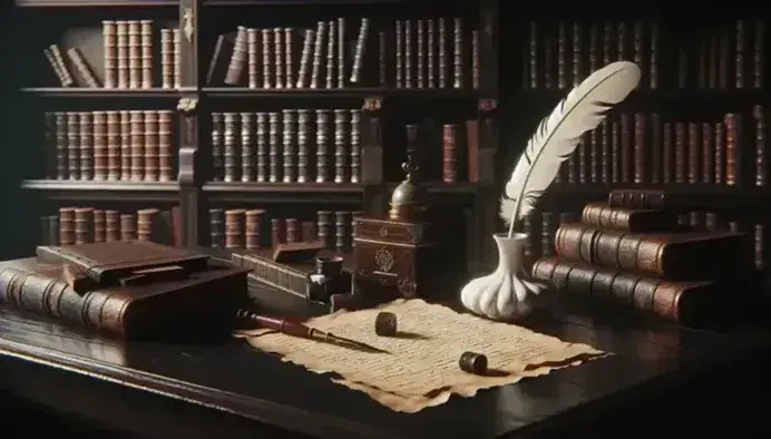 Scena di biblioteca antica con scrivania in legno scuro, calamaio vintage, penna d'oca e pergamena, scaffali di libri rilegati e statuetta di gufo.
