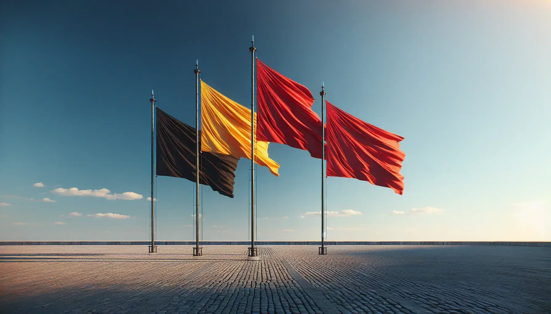 Banderas de tela en negro, rojo y amarillo ondeando al viento sobre postes metálicos con cielo azul y nubes dispersas de fondo.