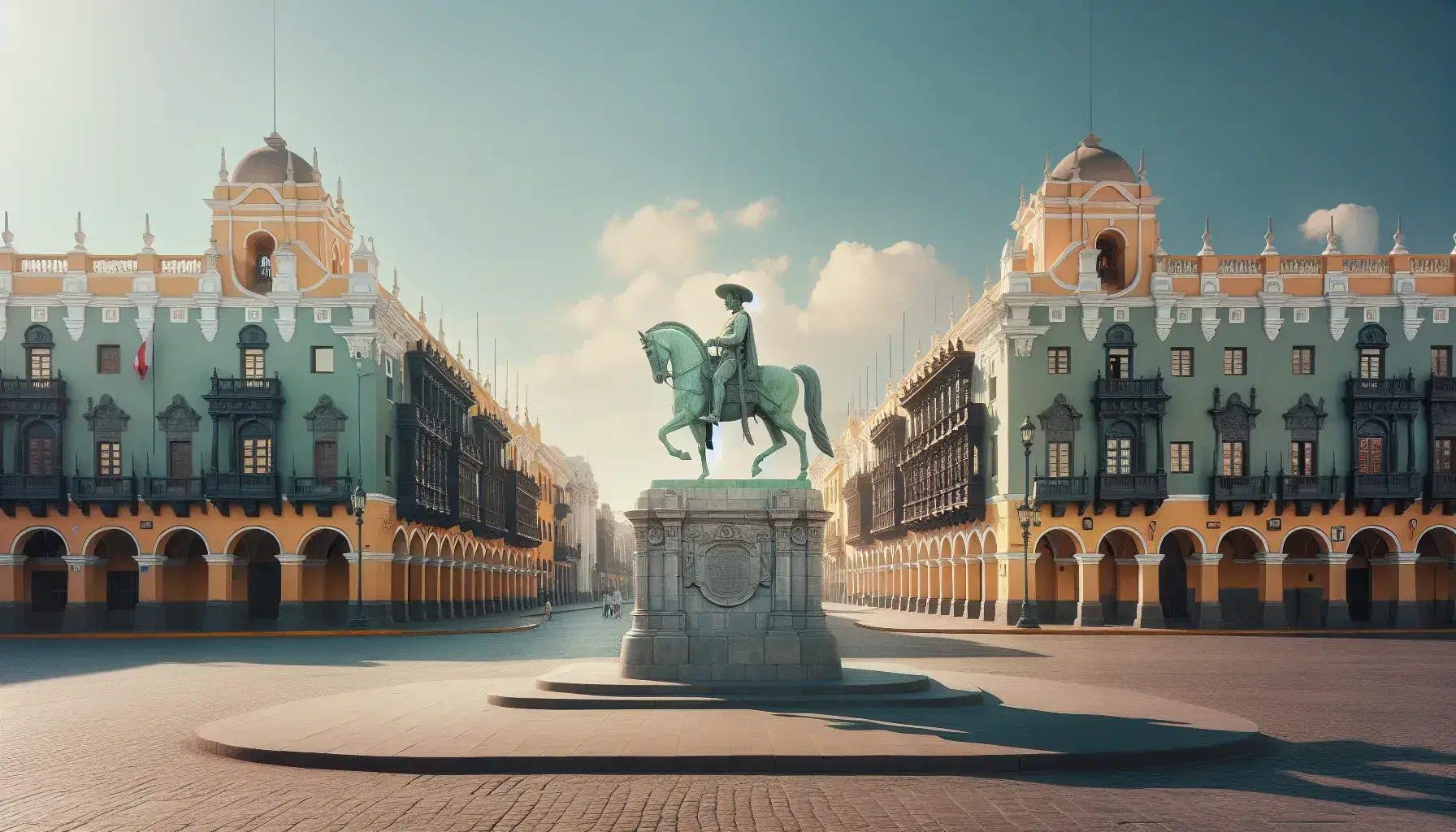 Estatua ecuestre en bronce en la Plaza Mayor de Lima, rodeada de edificios coloniales con balcones de madera y cielo azul despejado.