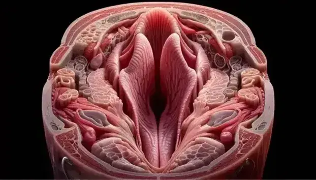 Sección transversal detallada de la garganta humana mostrando la laringe y las cuerdas vocales en rosa claro, rodeadas de estructuras cartilaginosas y tejidos musculares.