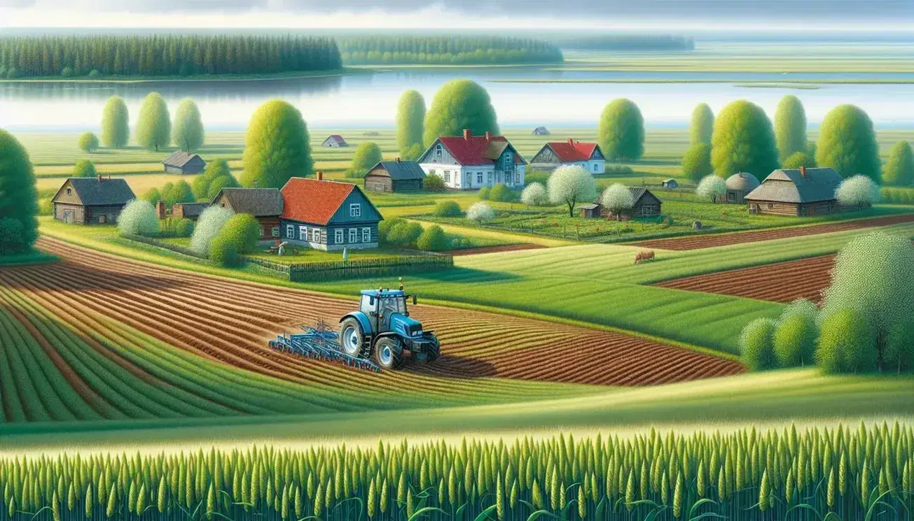 Paesaggio rurale lituano in primavera con campo di grano verde, trattore blu che ara la terra, fattorie e alberi in lontananza sotto cielo azzurro.