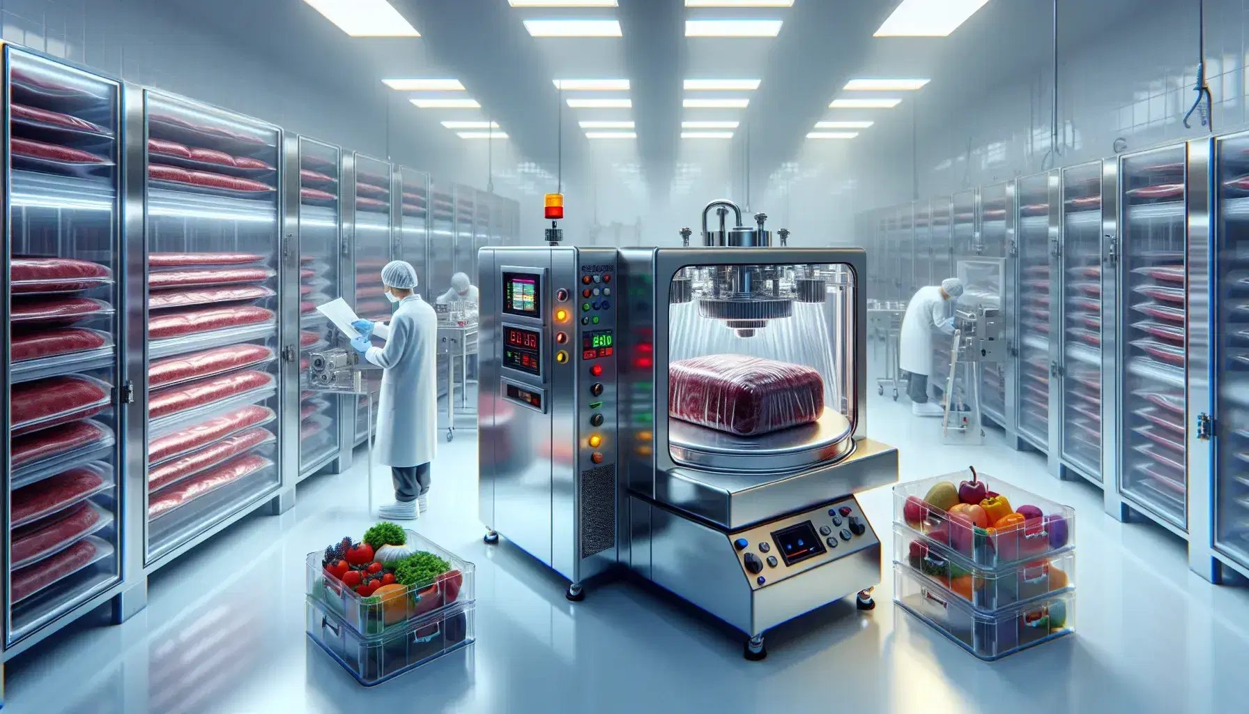 Macchina per il sottovuoto imballa carne in fabbrica moderna di confezionamento alimentare, con operai e prodotti freschi in attesa.