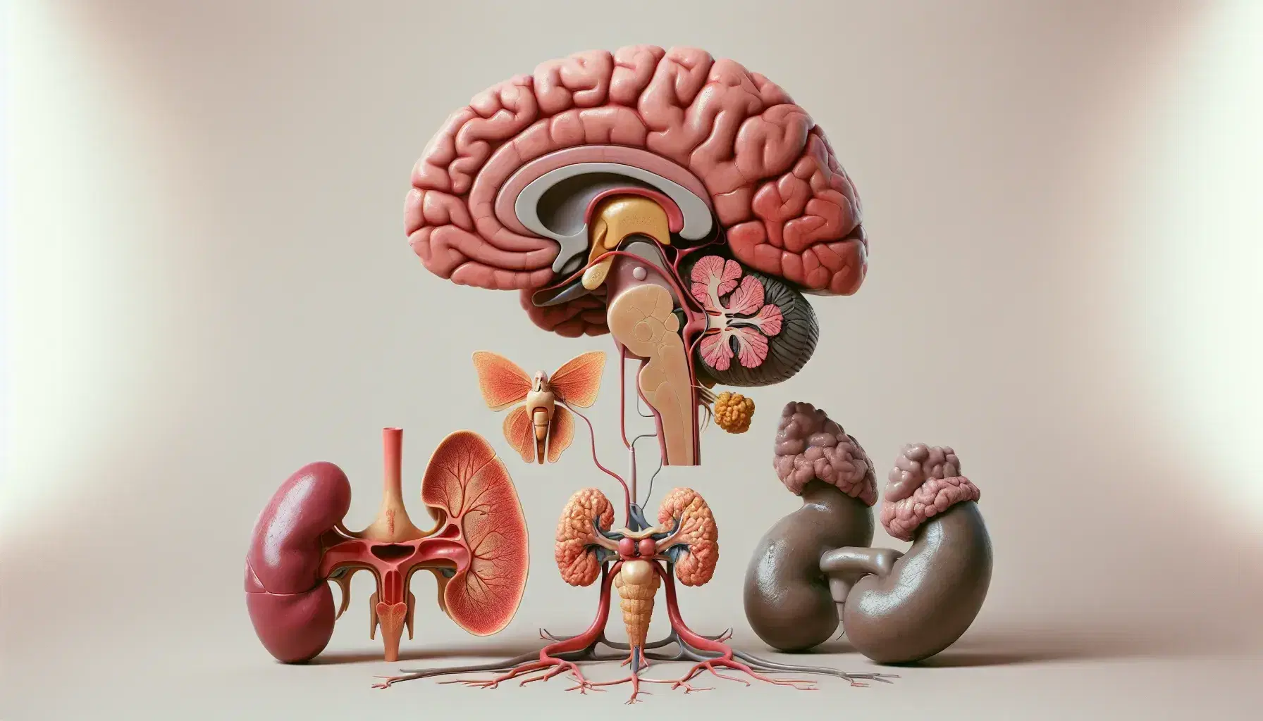 Modelo tridimensional del sistema endocrino humano con cerebro, glándula pituitaria, tiroides, suprarrenales, páncreas y gónadas sobre fondo neutro.