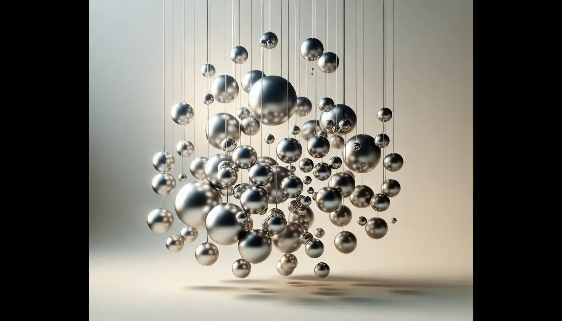 Esferas metálicas suspendidas de hilos transparentes en patrón tridimensional sobre fondo gris claro, reflejando suavemente la luz.