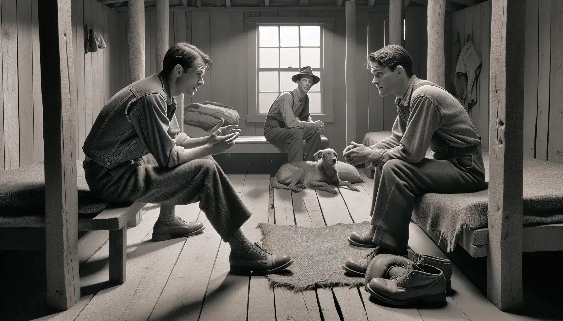 1930s bunkhouse scene with two men conversing on wooden bunks, a third man observing, and a sleeping dog on a frayed blanket, in soft natural light.