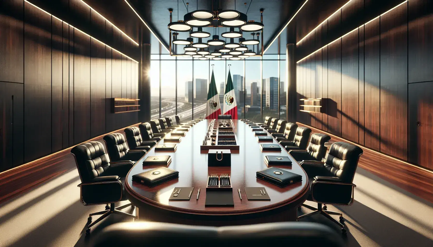 Sala de conferencias amplia con mesa ovalada, sillas de cuero negro y ventana grande con vista a ciudad moderna, bandera de México y sin personas.