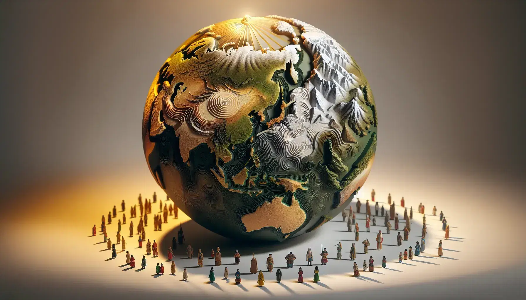 Globo terrestre con rilievi montuosi e figure umane in abiti tradizionali che simboleggiano la diversità culturale e la connessione globale.