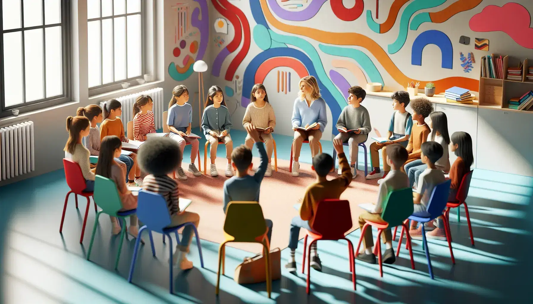 Aula colorata con studenti di diverse etnie seduti in cerchio su sedie colorate e insegnante partecipante alla discussione.