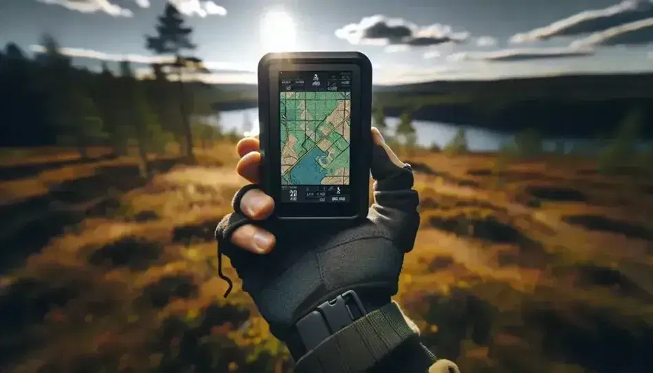 Mano con guante sosteniendo GPS portátil sobre fondo natural, mostrando mapa digital sin texto en pantalla, en día soleado.