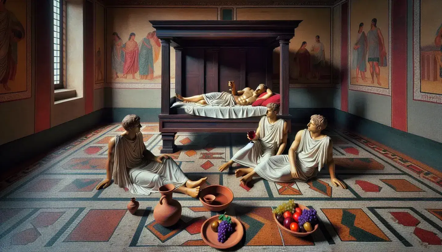 Scena di banchetto romano con tre figure in toga su un triclinium con cuscini rossi, pavimento a mosaico, tavola imbandita e affreschi sullo sfondo.