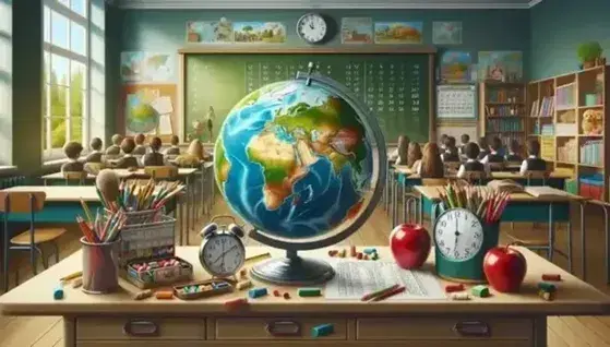 Aula scolastica con globo colorato, mela rossa, orologio e calendario su tavolo, lavagna con gessetti e finestra aperta, studenti attenti.