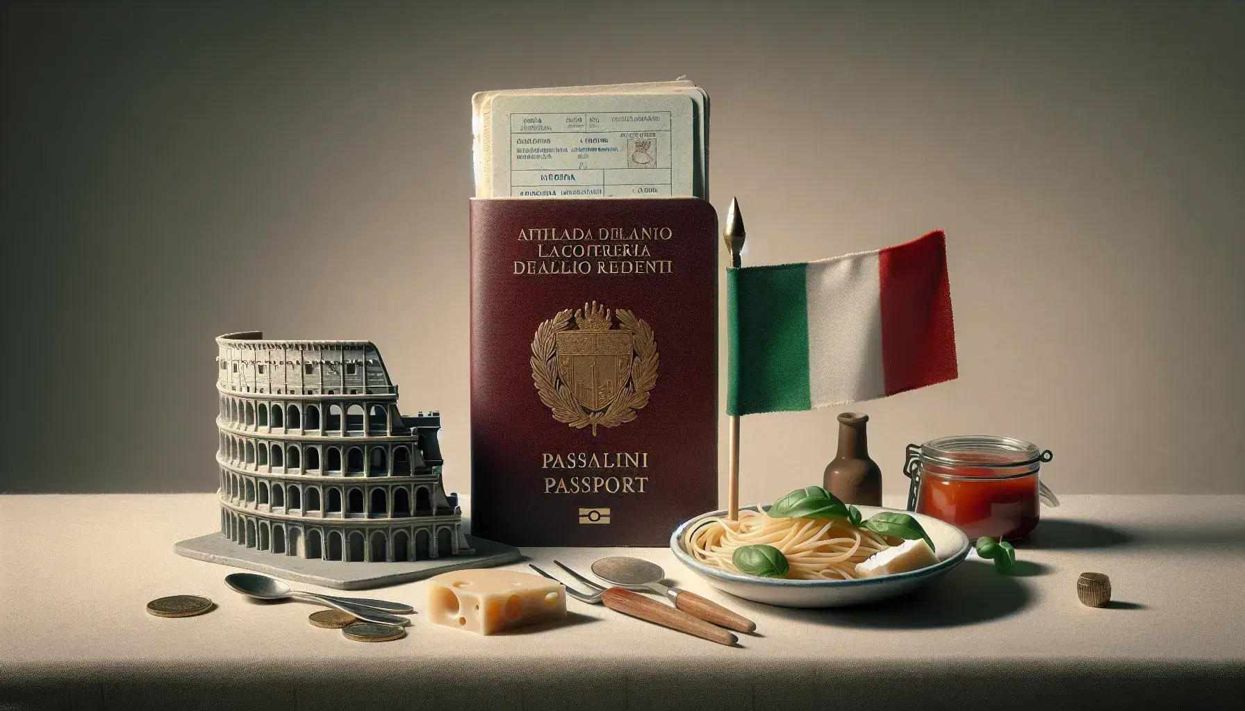 Passaporto italiano aperto su sfondo neutro, bandiera tricolore e replica del Colosseo a lato, piatto con pasta al pomodoro, formaggio e basilico.