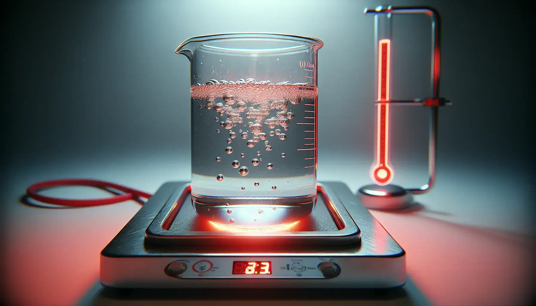 Glass beaker with water on a red heating plate turned on, immersed thermometer, bubbles on the bottom indicate the start of heating.