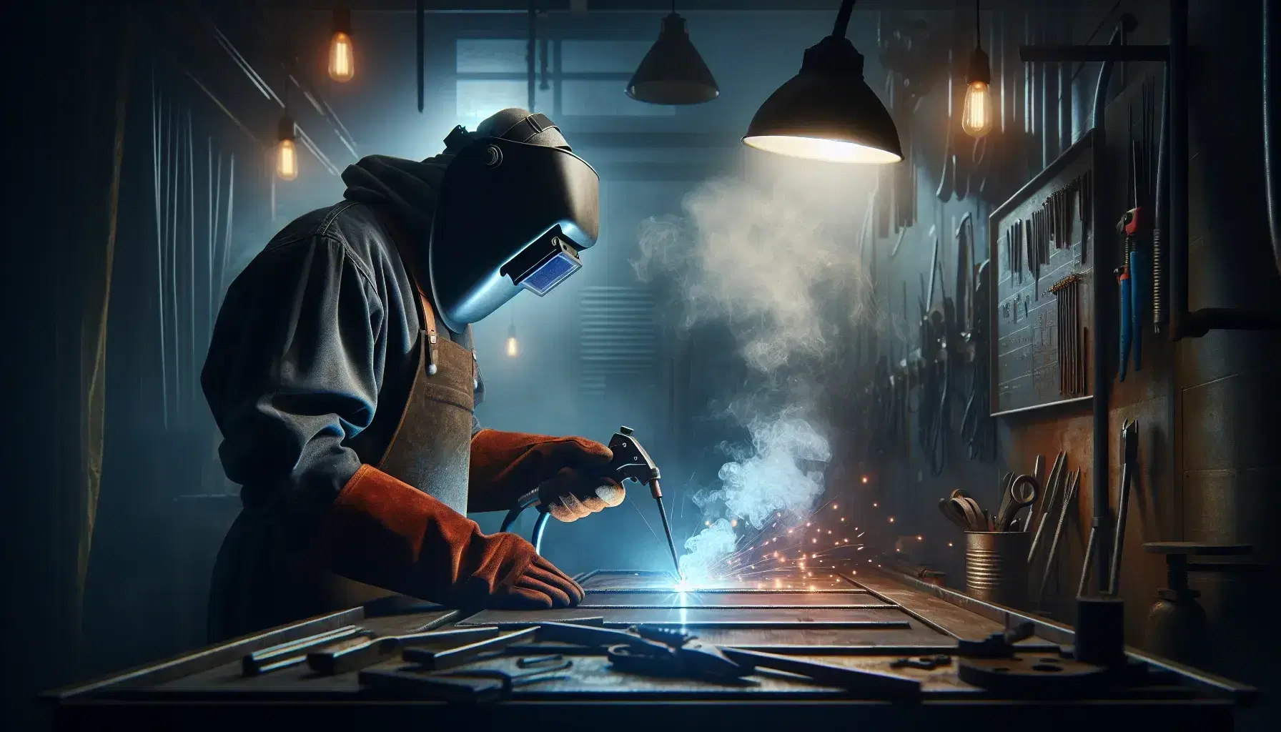 Soldador en acción con equipo de protección realizando trabajo de soldadura SMAW, chispas brillantes y arco de luz azul en taller oscuro.