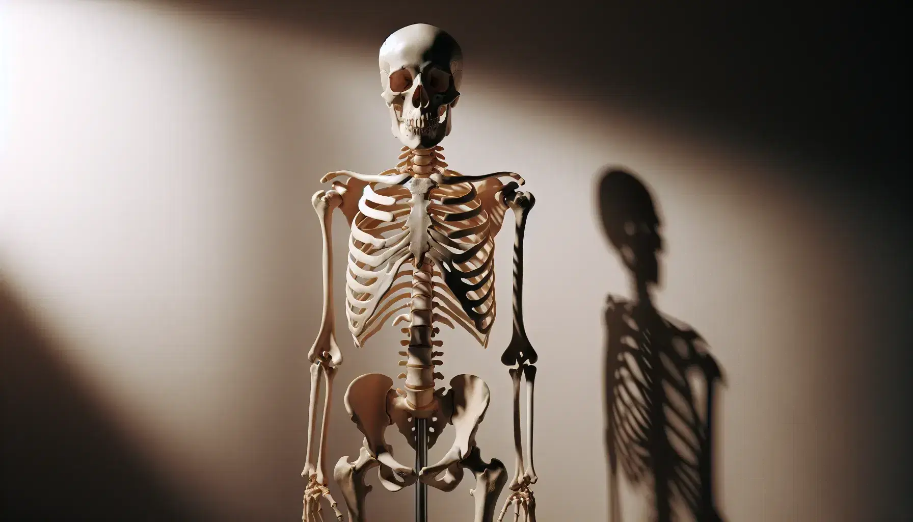 Esqueleto humano completo montado verticalmente en soporte metálico, con brazos separados y palmas hacia adelante, destacando su estructura ósea blanquecina y detallada contra un fondo liso.