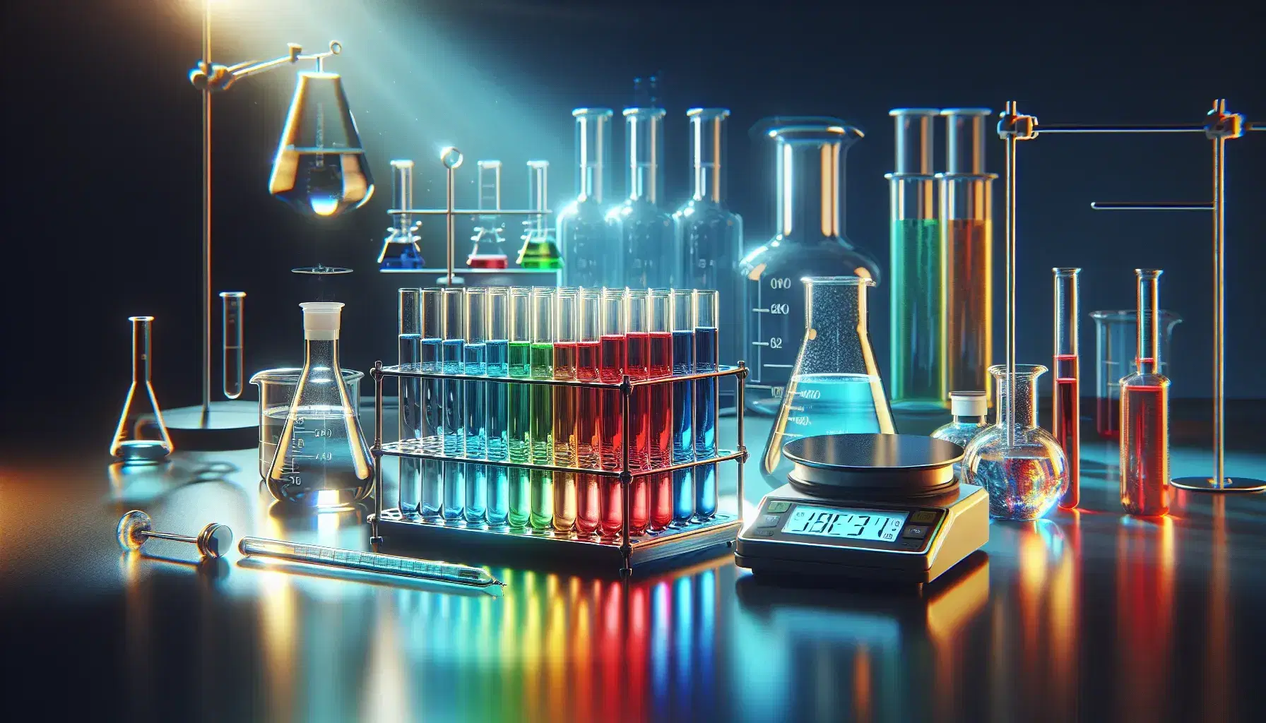 Laboratorio scientifico con provette colorate in fila su supporto metallico, cilindro graduato, becher e bilancia analitica digitale.