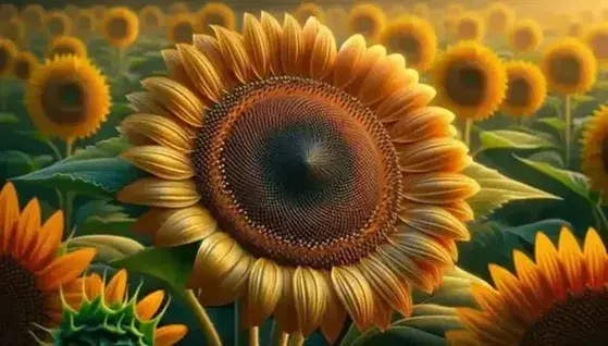 Close up of a blooming sunflower with brown tubular flowers in the center and vibrant yellow petals, green blurred background.