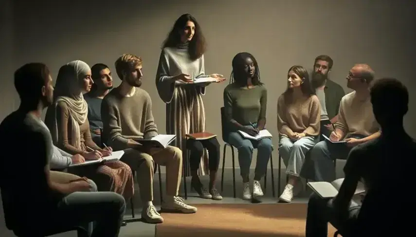 Diverse group of attentive students in a language class with notebooks, listening to a Middle-Eastern female teacher explaining a concept.