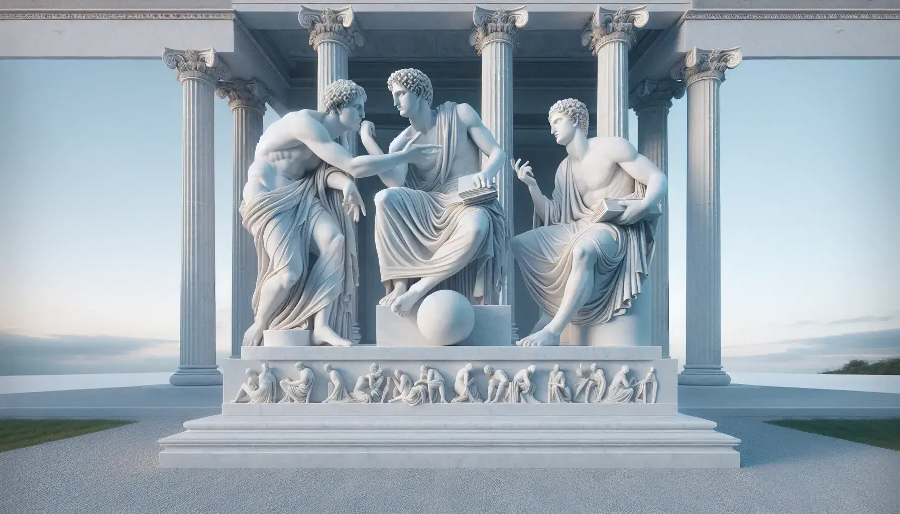 Escultura de mármol blanco con tres figuras humanas entrelazadas en debate, ante un templo clásico y cielo azul, con detalles de luz y sombra.
