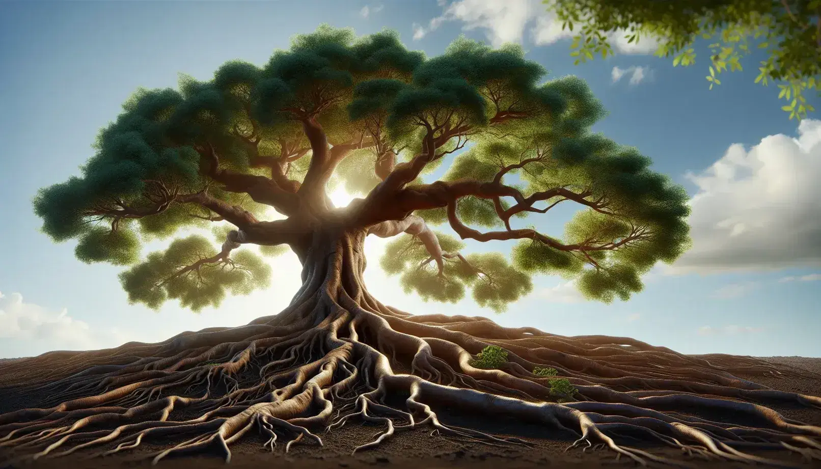 Árbol frondoso con raíces visibles y tronco marrón oscuro, hojas verdes bajo un cielo azul claro, reflejando la luz del sol en un día despejado.