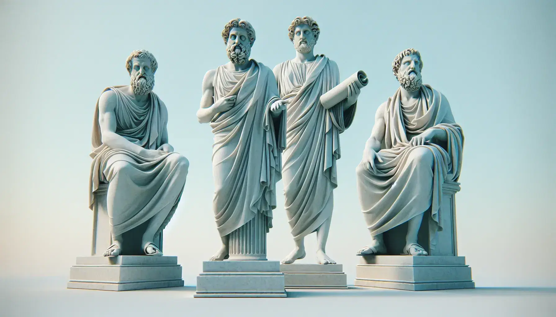 Tres estatuas de mármol blanco de filósofos griegos antiguos al aire libre, con detalles de vestimentas y poses que reflejan su pensamiento y época.