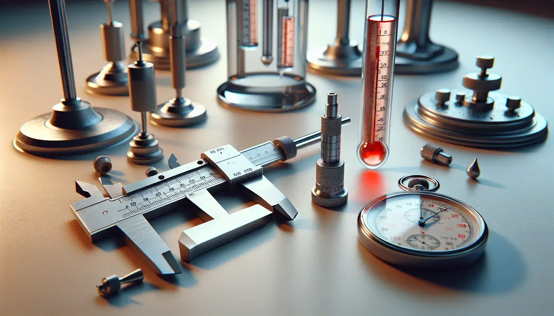 Instrumentos de medición científica con calibre Vernier, micrómetro, termómetro de vidrio y cronómetro analógico sobre superficie clara, sin marcas numéricas visibles.