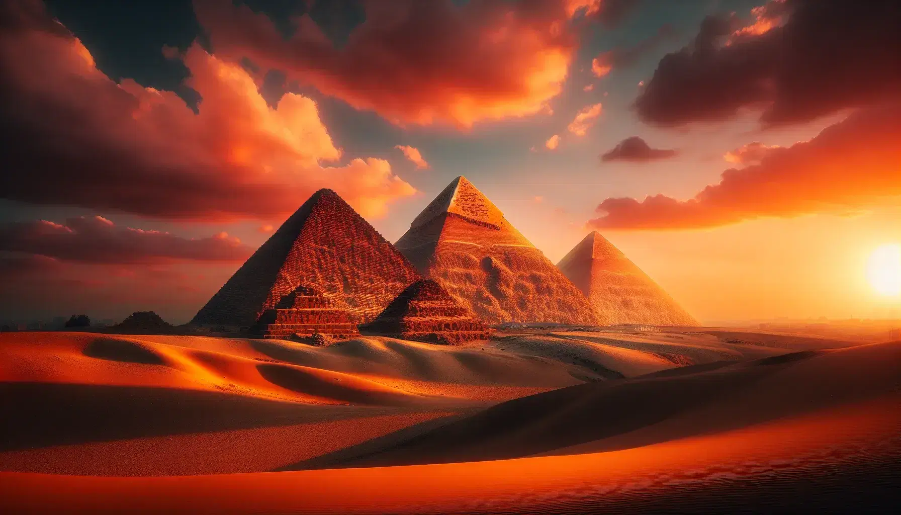 Tramonto dorato illumina le Piramidi di Giza, con Cheope in primo piano e Chefren e Micerino sullo sfondo, cielo arancio-rosa.