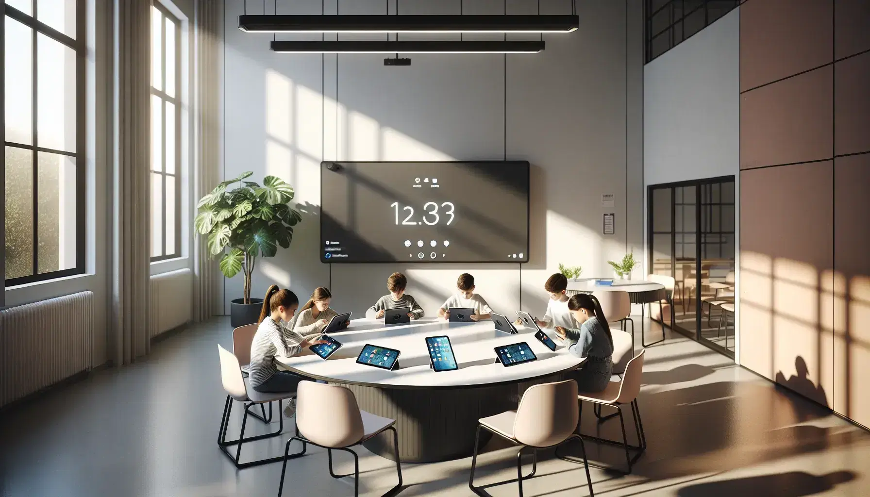 Aula moderna y luminosa con cinco estudiantes sentados alrededor de una mesa redonda usando tabletas digitales, pizarra interactiva apagada al fondo y planta verde en la esquina.