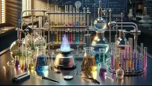 Laboratorio scientifico con becher di vetro, liquidi colorati, bruciatore Bunsen acceso, provette, pinze metalliche e timer fermo.