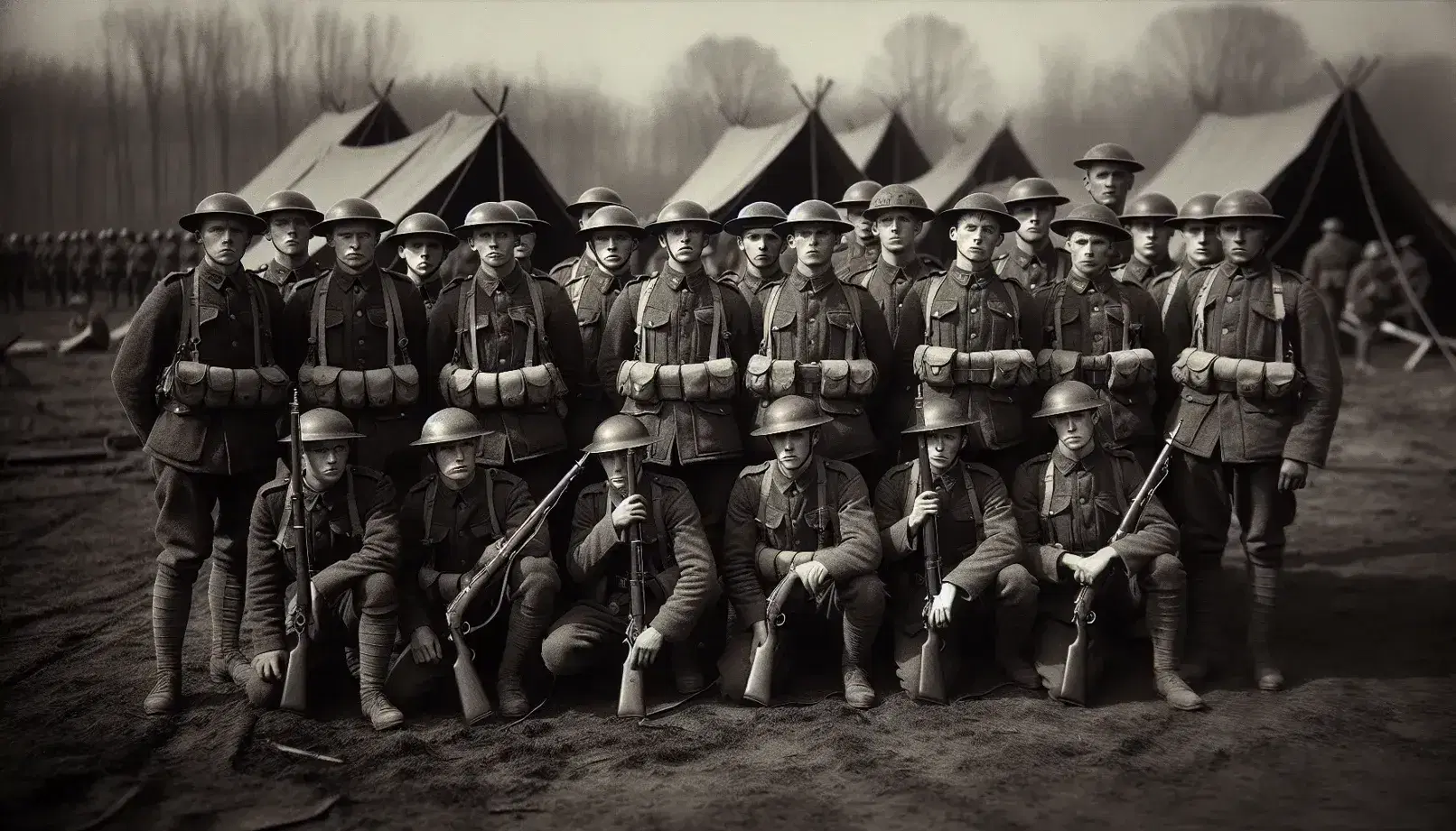 Soldati americani della Prima Guerra Mondiale in fila con elmetti e fucili, pronti per la partenza al fronte europeo, in foto bianco e nero.