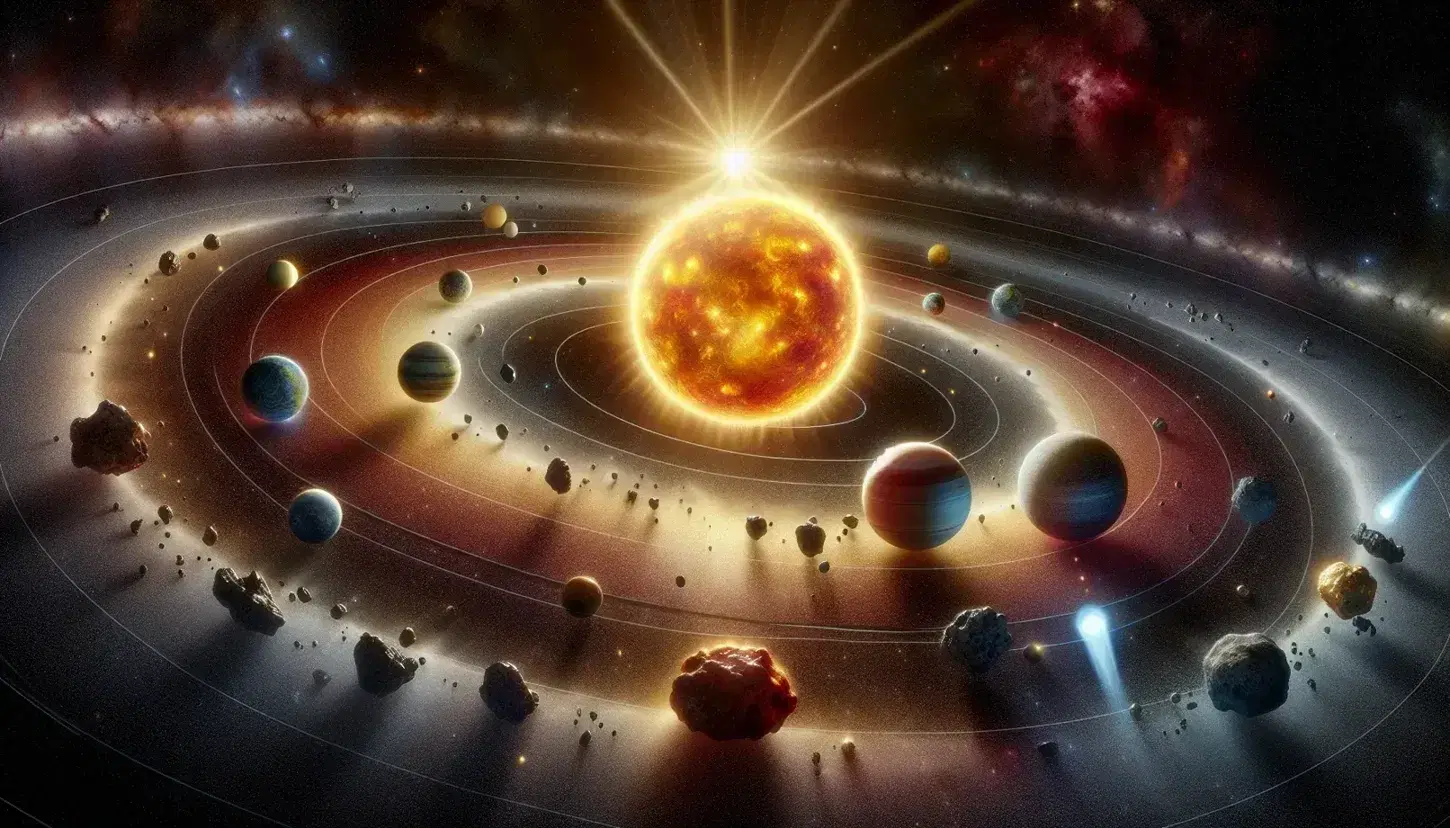 Rappresentazione artistica del sistema solare con il Sole al centro, pianeti variopinti, cometa, asteroidi e stelle sullo sfondo.