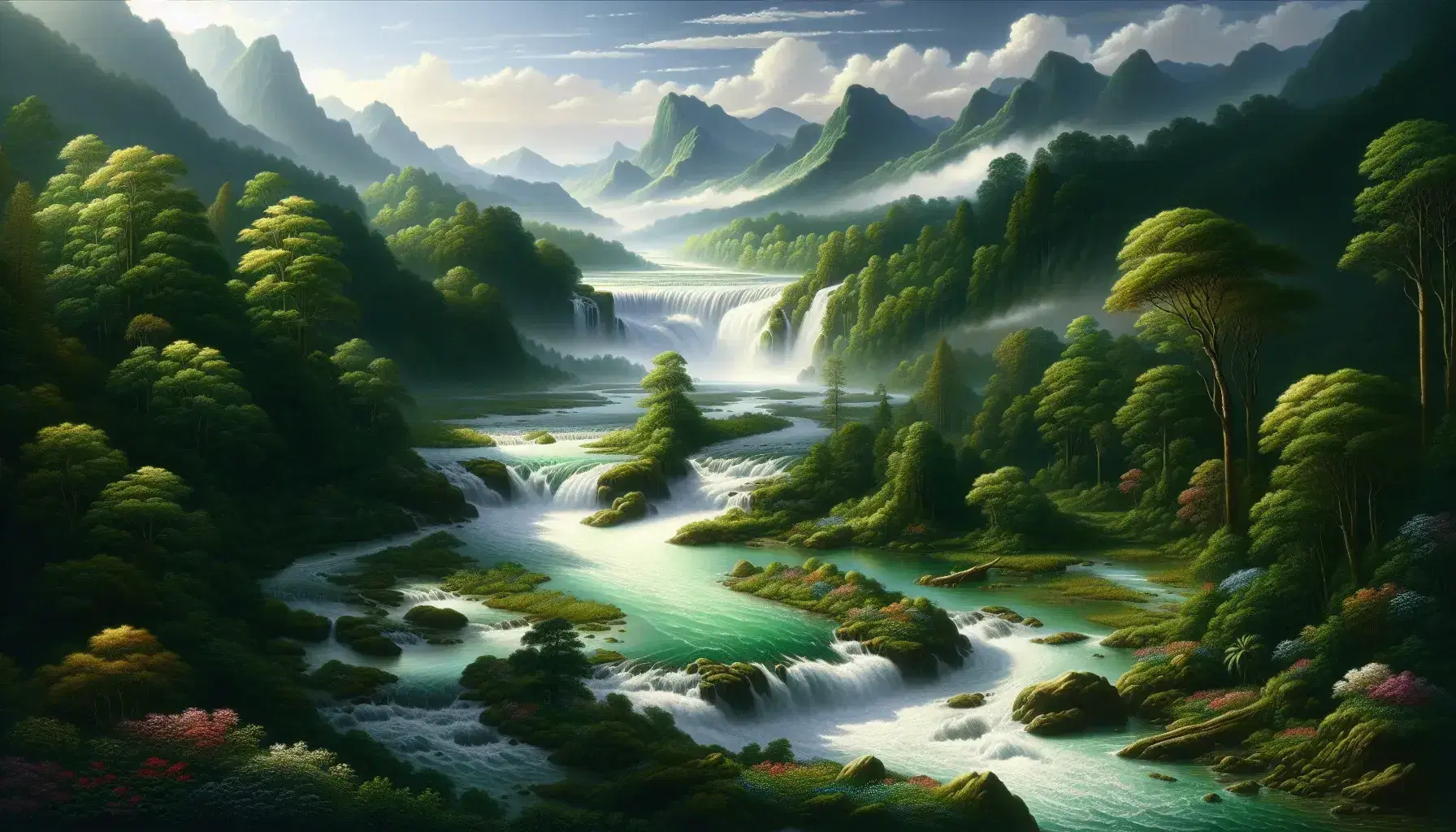 Lush green landscape with a clear meandering river, vibrant wildflowers, a cascading waterfall, and distant blue-gray mountains under a sunny sky.
