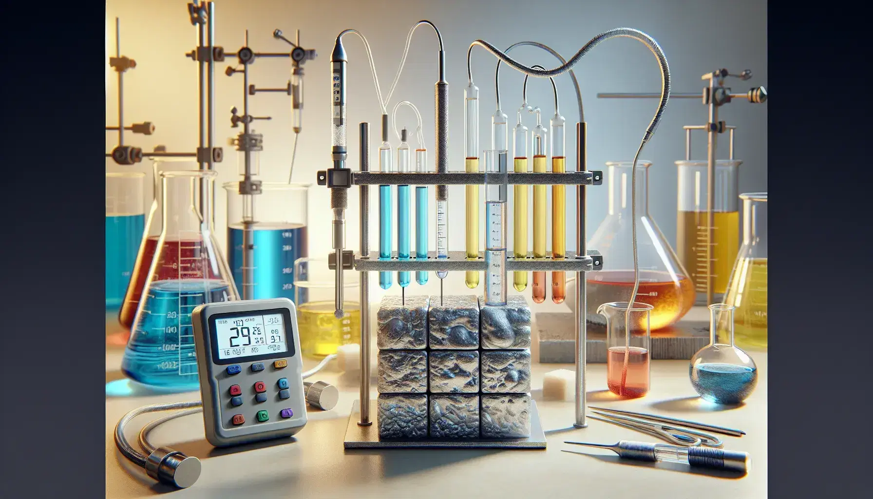 Laboratorio de investigación con termómetro digital, tubos de ensayo con líquidos de colores, matraz de Erlenmeyer y metal corroído.