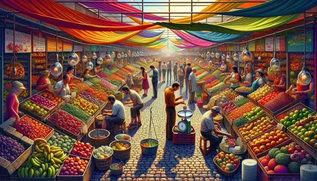 Mercato all'aperto con bancarelle colorate di frutta e verdura, persone che fanno acquisti e venditori al lavoro in una giornata soleggiata.