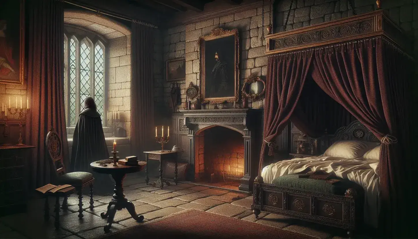 Scena d'epoca con letto a baldacchino, tende rosse, tavolo con libro e candela spenta, figura maschile presso finestra in camera da letto antica.