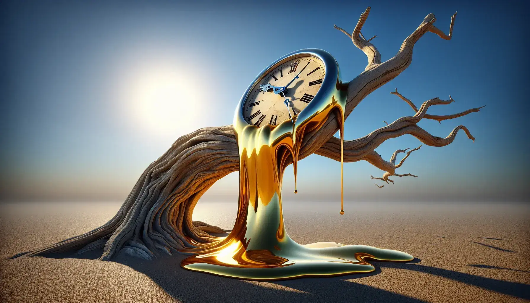 Escultura surrealista tridimensional de reloj dorado derritiéndose sobre rama seca contra cielo azul con nubes dispersas.