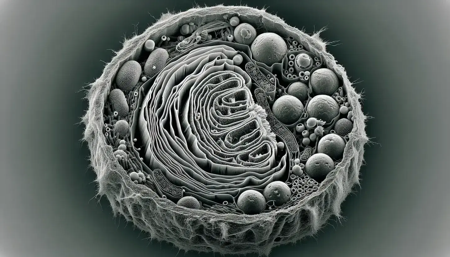 Vista detallada de célula en microscopio electrónico mostrando mitocondria central, vesículas y estructuras del citoesqueleto en tonos grises.